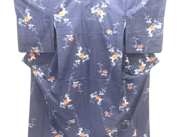 椿模様織り出し手織り紬着物